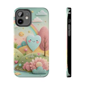 Cute Whimsical iPhone 16 15 14 13 12 Tough Phone Cases with Heart and Rainbow